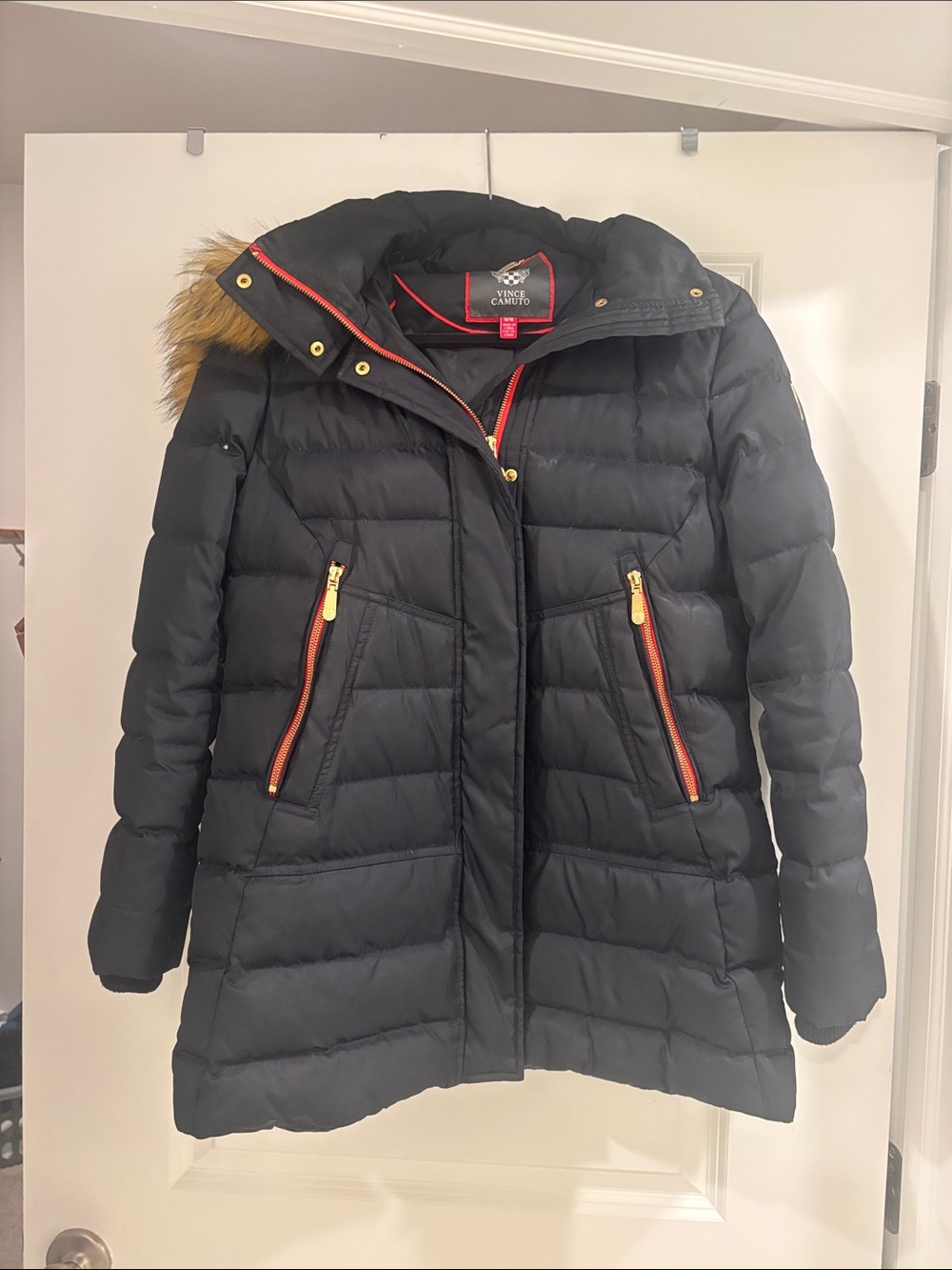 Vince Camuto Women’s Navy Blue Puffer Coat with Faux Fur Trim